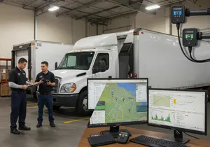 Fleet management system components showing GPS tracking devices and software integration Fleet management system components showing GPS tracking devices and software integration